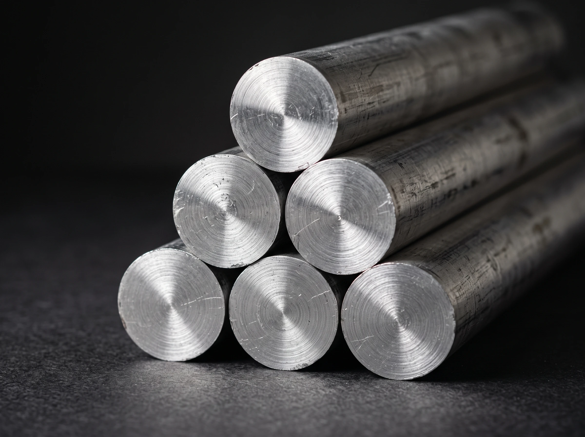 Several cylindrical rolled aluminium billet bars, round cross-section, stacked together