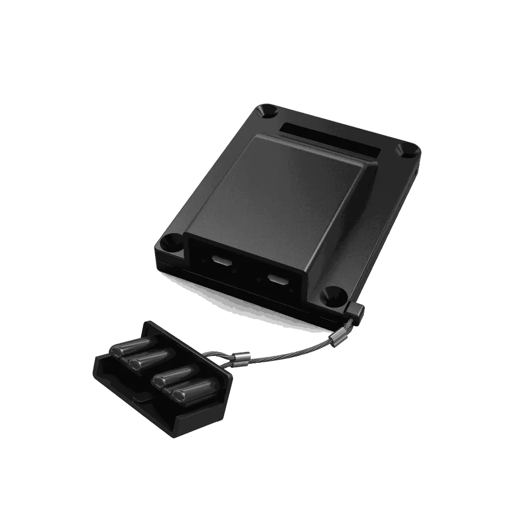 The WRAITH cover assembled over its connector, seen from the front against a dark background