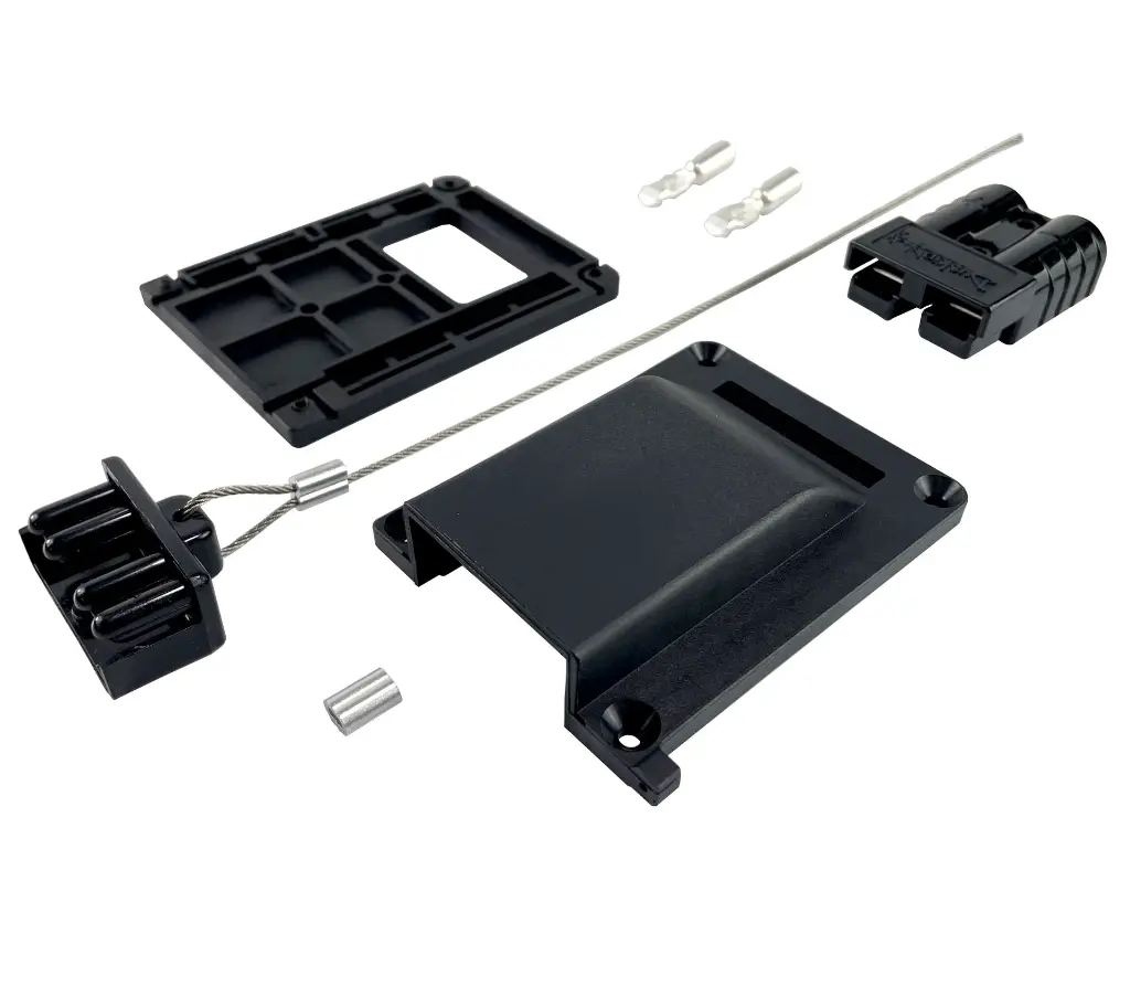 The WRAITH kit laid out: black nylon cover and riser base, wire rope with crimp ferrule, and the two-pole 50A connector